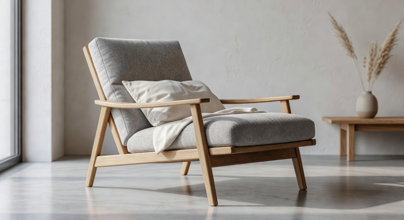 Nordic Lounge Chair in warm wood and beige fabric